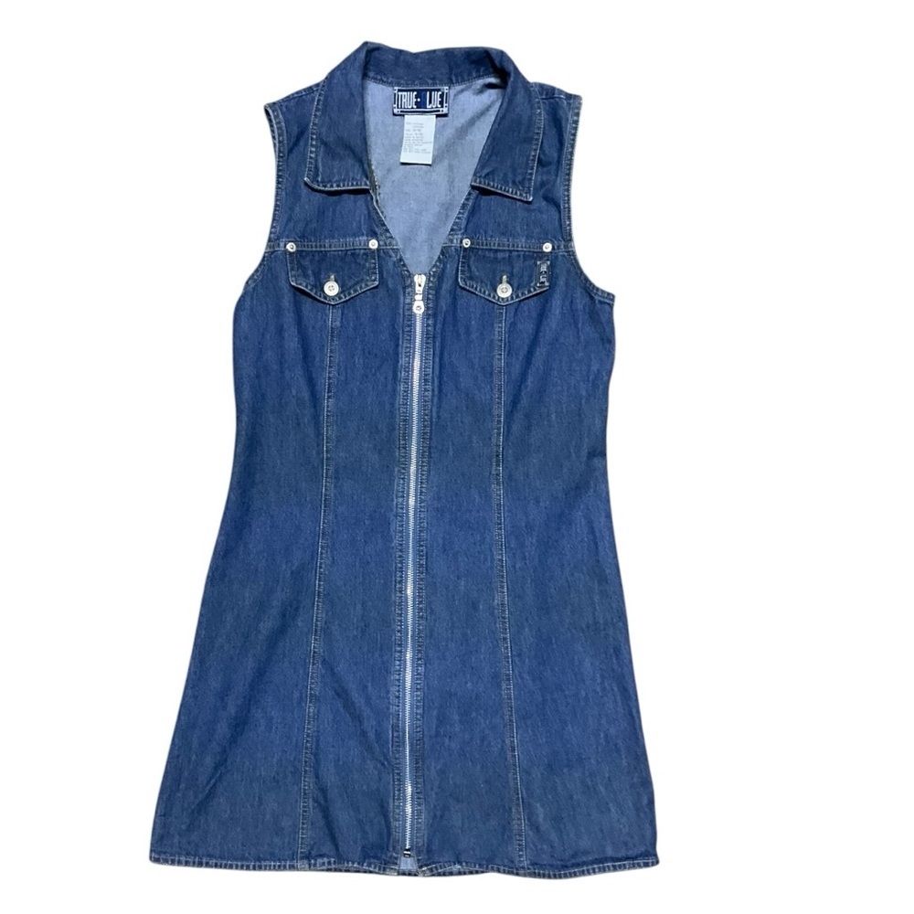 Vintage True Blue Denim Zip Up 90’s Mini Dress Classic Western Size 9/10 - Picture 5 of 7